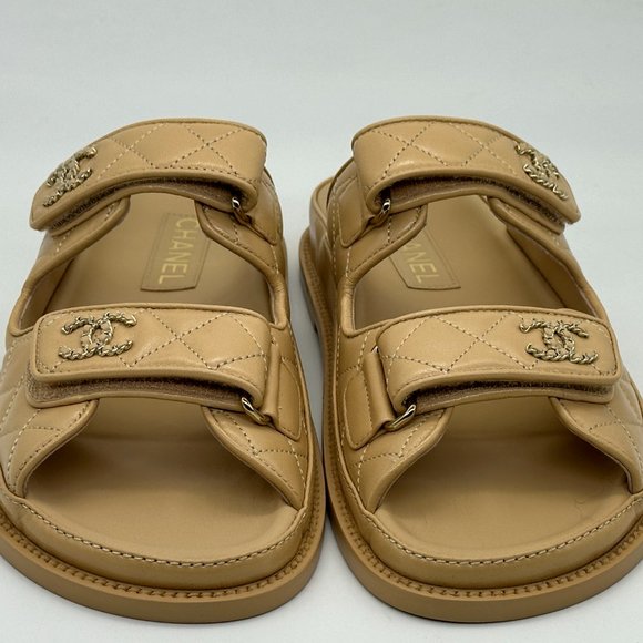 CHANEL 24P 2024 Quilted Leather CC Logo Flat Slide Dad Sandals Shoes Beige - Picture 6 of 16
